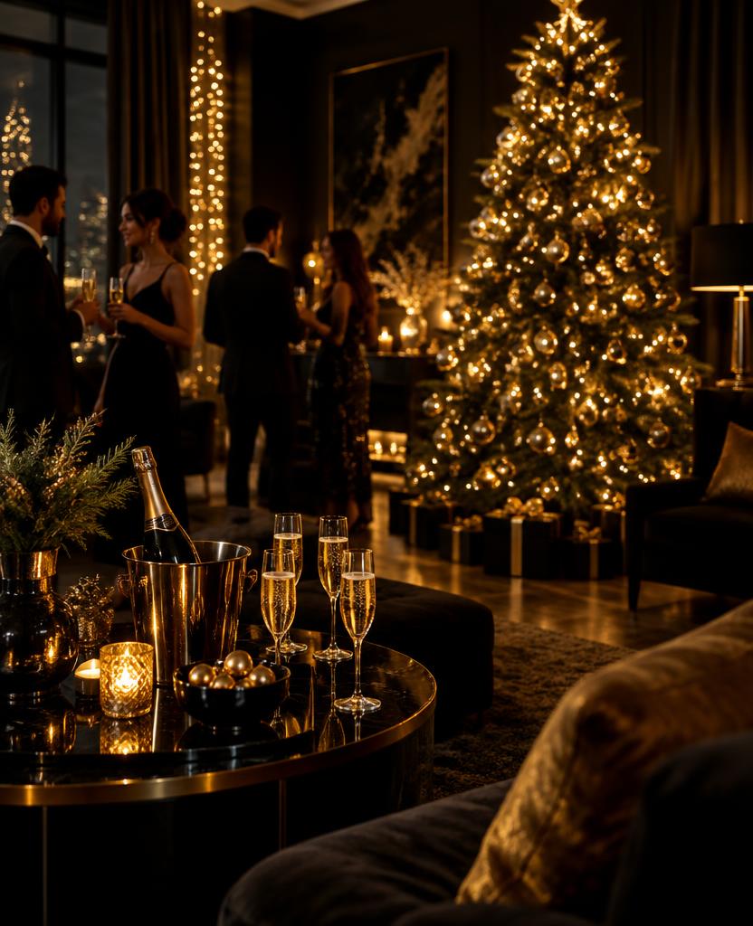 A festive Christmas party with a glowing tree