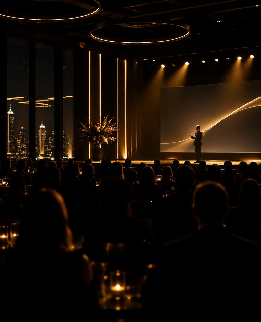 A stylish corporate event with stage lighting