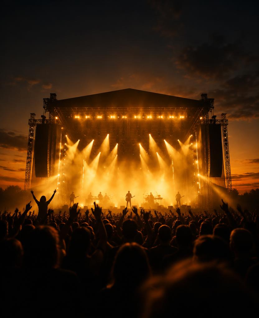 A festival stage lit up at dusk